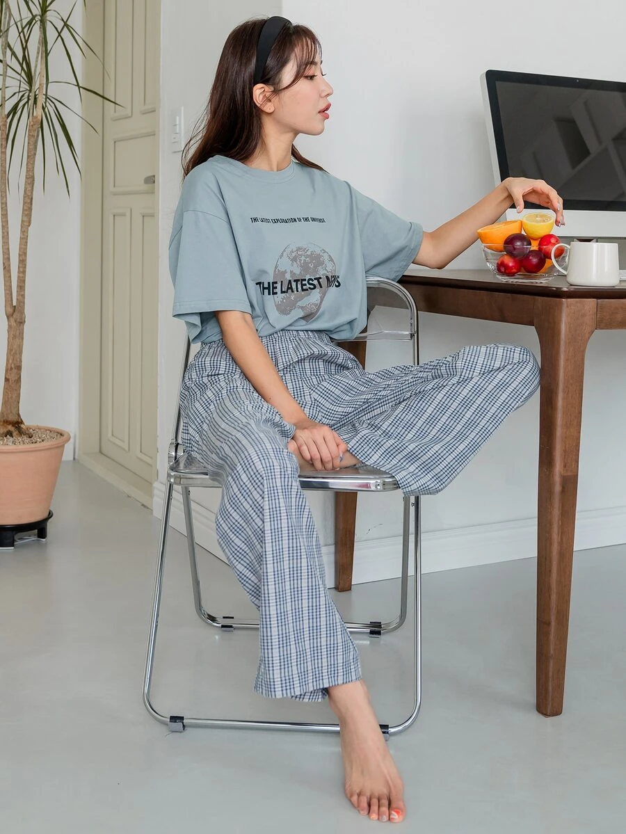 DAZY Bộ đồ giản dị Nữ Lá thư Sọc ca rô Giải trí - Màu xanh lam - Xem 1