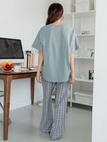 DAZY Bộ đồ giản dị Nữ Lá thư Sọc ca rô Giải trí - Màu xanh lam - Xem 2