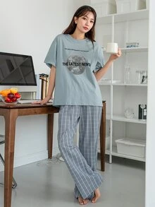 DAZY Bộ đồ giản dị Nữ Lá thư Sọc ca rô Giải trí - Màu xanh lam - Xem 3