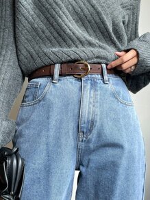 DAZY Litchi Embossed Round Buckle Belt - Coffee Brown - View 1