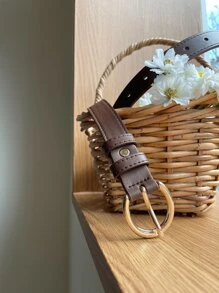 DAZY Litchi Embossed Round Buckle Belt - Coffee Brown - View 3