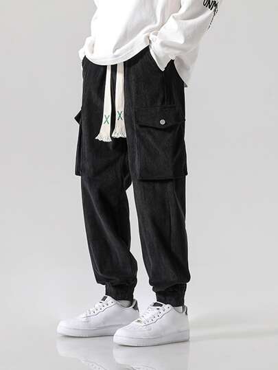 Men Flap Pocket Side Drawstring Waist Corduroy Cargo Pants