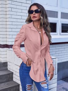 SHEIN Essnce 抽繩袖弧形下擺襯衫 - 淺粉色 - 查看 3