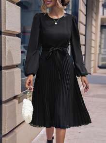 SHEIN Privé Đầm Thắt lưng Xếp li màu trơn Giải trí - màu đen - Xem 3