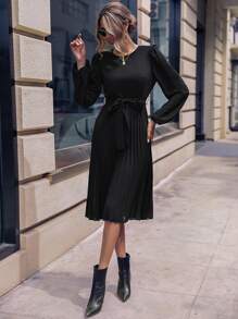 SHEIN Privé Đầm Thắt lưng Xếp li màu trơn Giải trí - màu đen - Xem 4