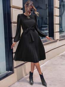 SHEIN Privé Đầm Thắt lưng Xếp li màu trơn Giải trí - màu đen - Xem 5