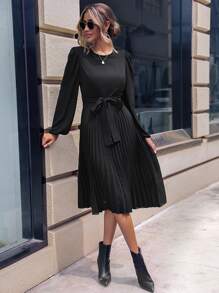 SHEIN Privé Đầm Thắt lưng Xếp li màu trơn Giải trí - màu đen - Xem 6