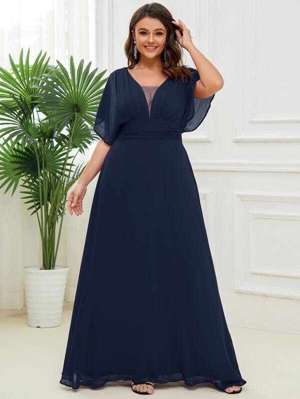 EVERPRETTY Plus Batwing Sleeve Pleated Waist Chiffon Prom Dress