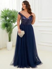 EVERPRETTY Plus Contrast Sequins Maxi Mesh Bridesmaid Dress - Navy Blue - View 3