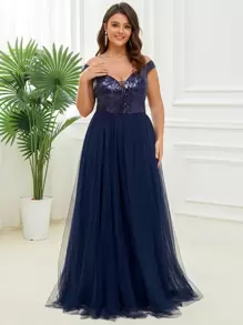 EVERPRETTY Plus Contrast Sequins Maxi Mesh Bridesmaid Dress - Navy Blue - View 4