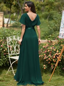 褶邊緊身上衣緞帶腰雪紡伴娘連衣裙 - 綠色 - 查看 3