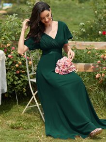 褶邊緊身上衣緞帶腰雪紡伴娘連衣裙 - 綠色 - 查看 4