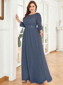 Plus Low Back Lace Bodice Chiffon Prom Dress - Dusty Blue - View 3