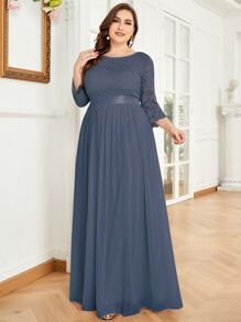 Plus Low Back Lace Bodice Chiffon Prom Dress - Dusty Blue - View 4