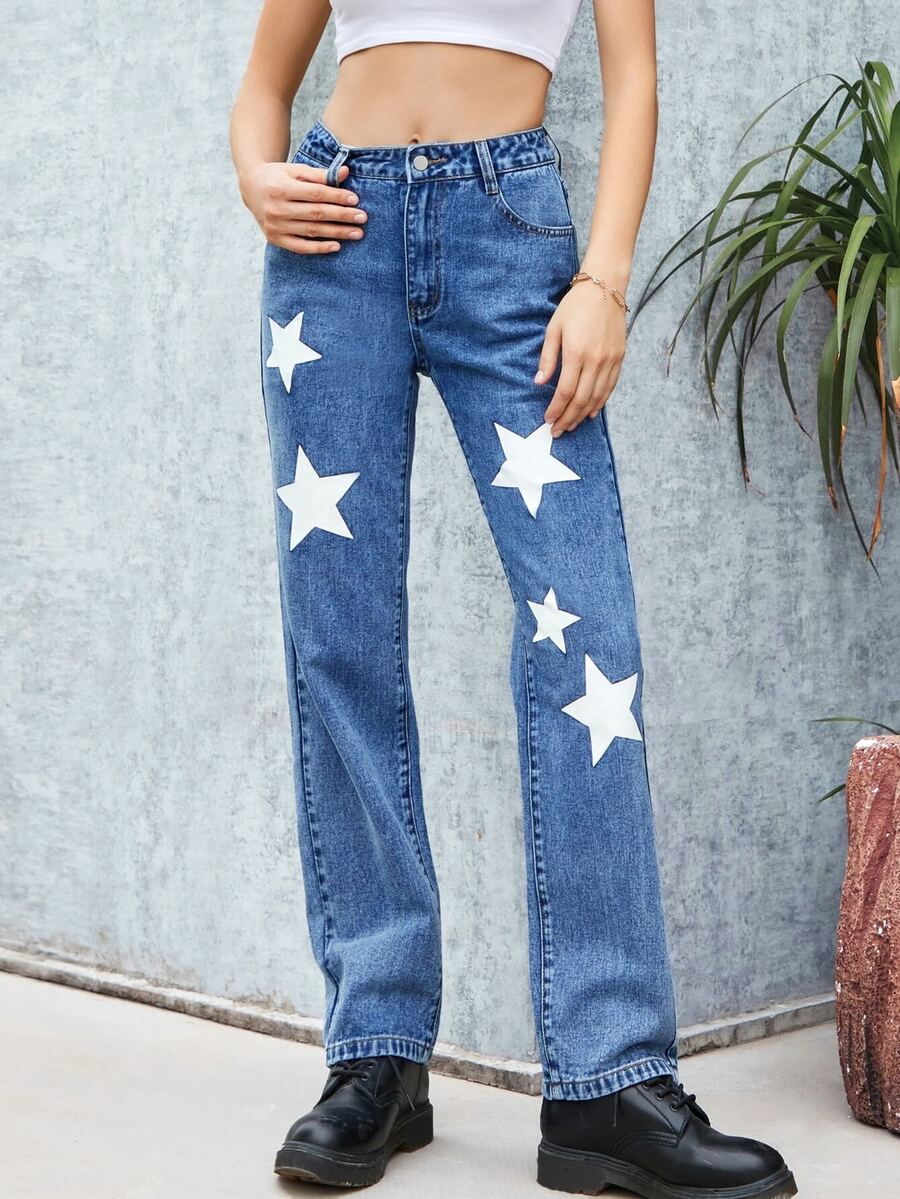 Star Print Straight Leg Jeans - Medium Wash - View 1
