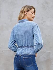 Flap Pocket Drop Shoulder Denim Jacket - Light Wash - View 2