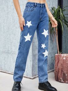 Star Print Straight Leg Jeans - Medium Wash - View 3