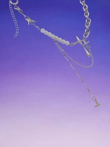 ROMWE Bead Decor Star Charm Necklace - Silver - View 3