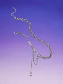 ROMWE Bead Decor Star Charm Necklace - Silver - View 4