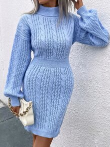 SHEIN Essnce Cable Knit Turtleneck Drop Shoulder Jumper Dress - Baby Blue - View 4