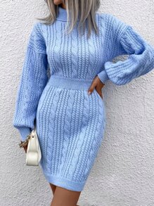 SHEIN Essnce Cable Knit Turtleneck Drop Shoulder Jumper Dress - Baby Blue - View 5