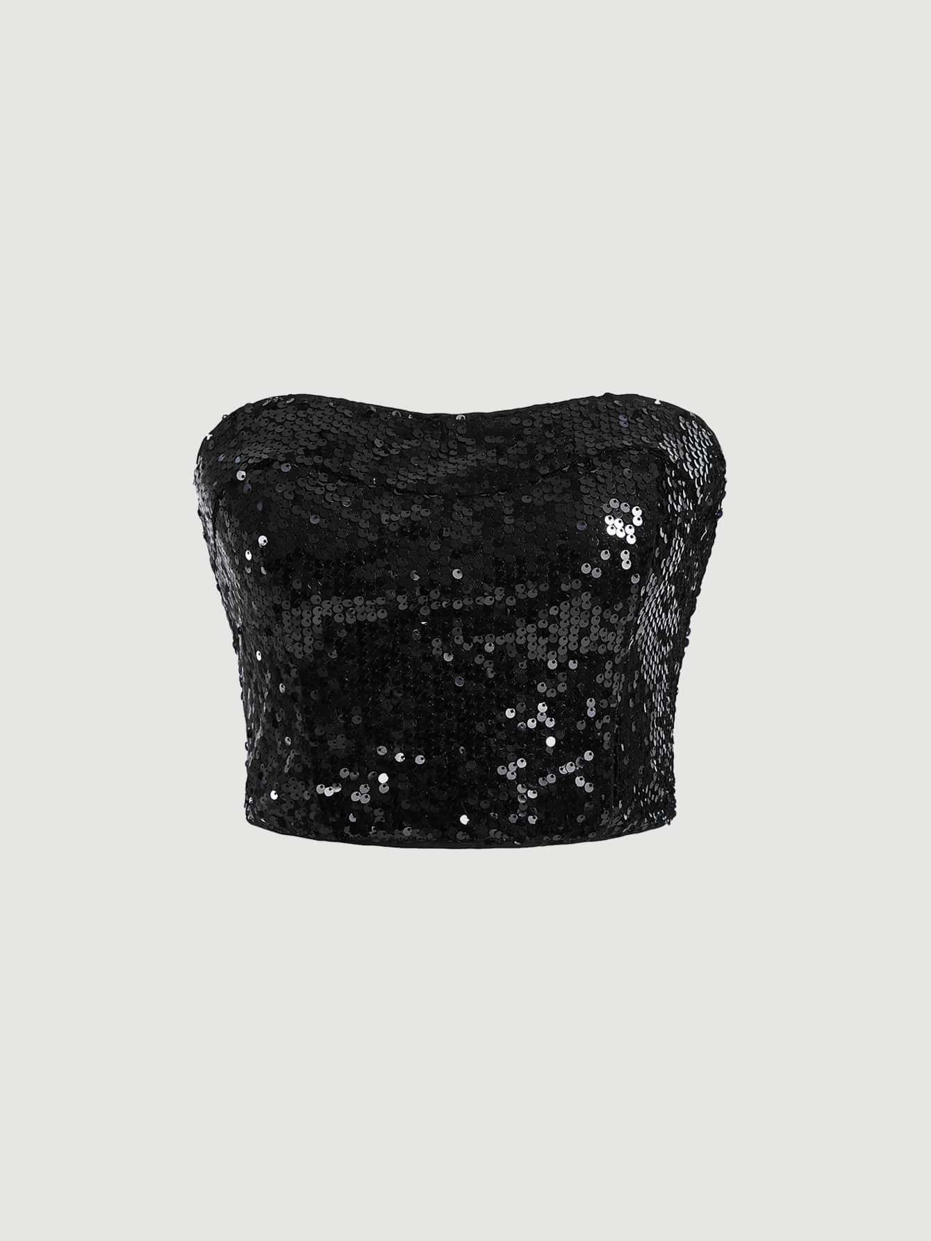 SHEIN BAE Sequin Zip Back Tube Top SHEIN USA