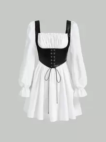 SHEIN MOD 黑白拼色褶皱胸围系带荷叶边长袖连衣裙 - 黑與白 - 查看 2