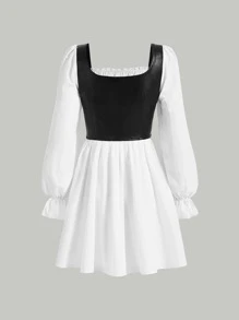 SHEIN MOD 黑白拼色褶皱胸围系带荷叶边长袖连衣裙 - 黑與白 - 查看 7