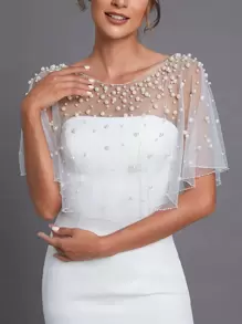 1 件婚礼新娘网纱珍珠披肩，婚礼配饰女士秋季服装