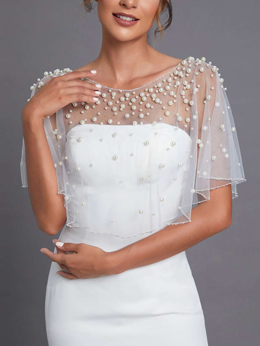 1 件婚礼新娘网纱珍珠披肩，婚礼配饰女士秋季服装