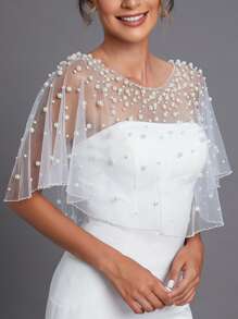 1 件婚礼新娘网纱珍珠披肩，婚礼配饰女士秋季服装