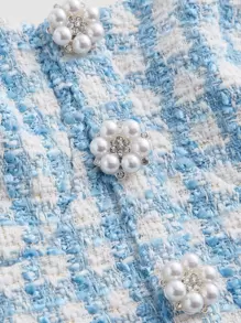 SHEIN MOD Áo nữ Ngọc trai Dây kéo Kẻ sọc Thanh lịch - Xanh và trắng - Xem 4