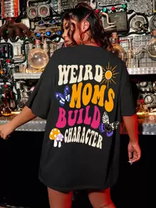 Flirla Große Größen T-Shirt mit Buchstaben Muster für Damen, Grafik-T-Shirt für den Sommer, Drop-Shoulder