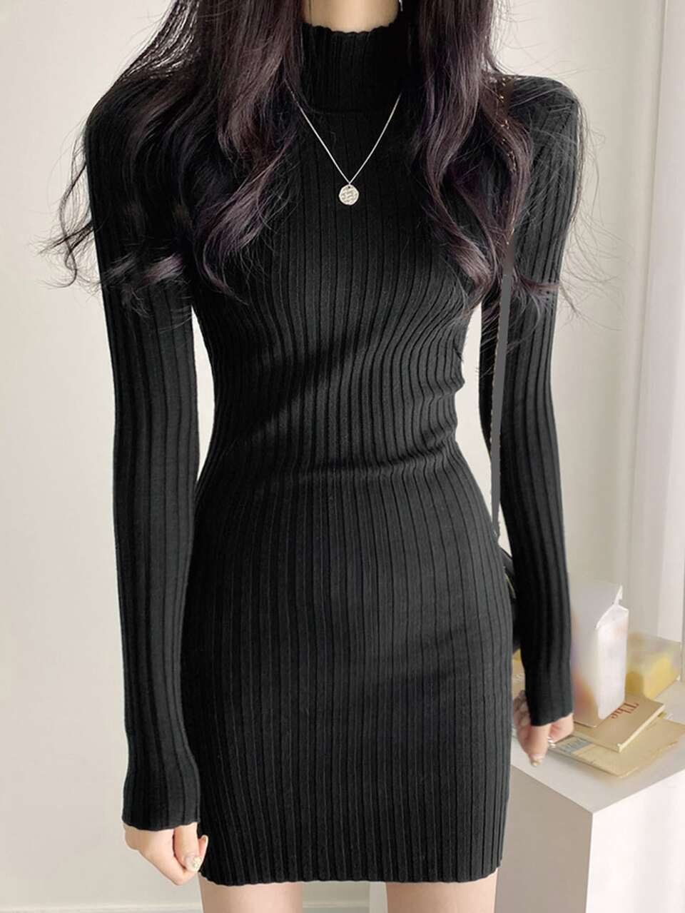 Mock Neck Ribbed Knit Sweater Dress Winter