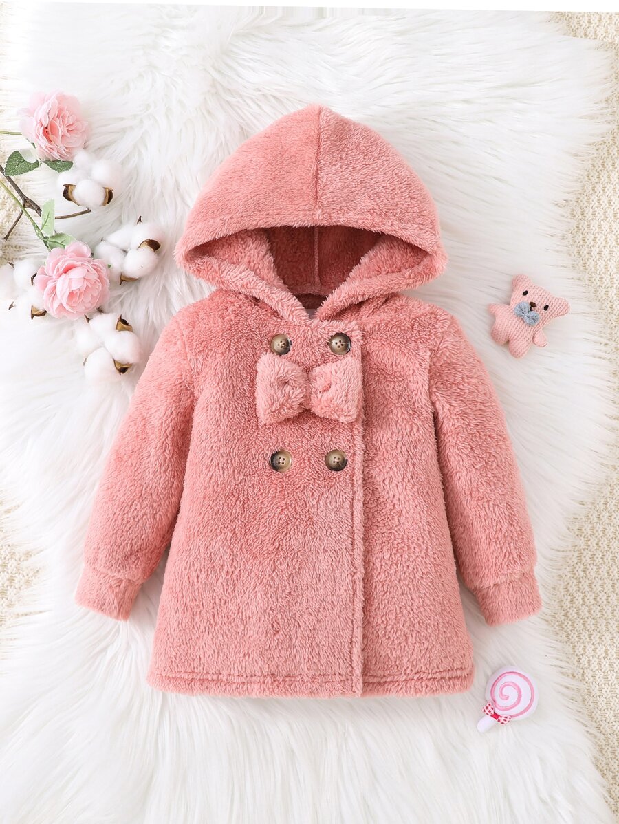 Baby Double Breasted Hooded Teddy Coat - Pink - View 1