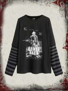 WB Horror | ROMWE Striped Sleeve Figure Graphic Tee - Black - View 7