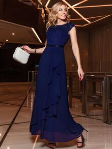 MIUSOL Contrast Floral Lace Ruffle Bodice Chiffon Wrap Hem Maxi Formal Dress - Navy Blue - View 4