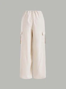 SHEIN MOD 腰部抽繩翻蓋口袋工裝褲 - 杏色 - 查看 5