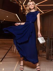 MIUSOL Contrast Floral Lace Ruffle Bodice Chiffon Wrap Hem Maxi Formal Dress - Navy Blue - View 7