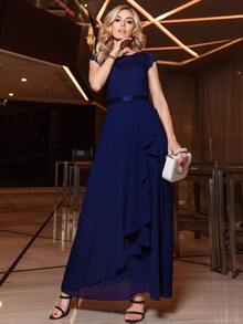 MIUSOL Contrast Floral Lace Ruffle Bodice Chiffon Wrap Hem Maxi Formal Dress - Navy Blue - View 8