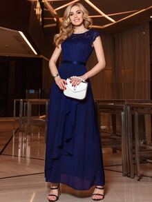 MIUSOL Contrast Floral Lace Ruffle Bodice Chiffon Wrap Hem Maxi Formal Dress - Navy Blue - View 9