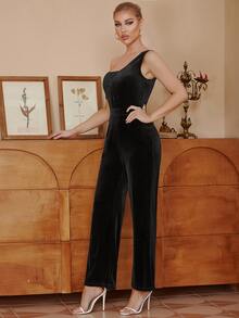Asymmetrical Neck Velvet Jumpsuit - Black - View 4