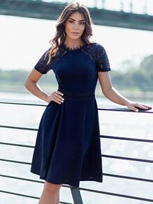 MIUSOL Lace Insert Raglan Sleeve Skater Dress - Navy Blue - View 2