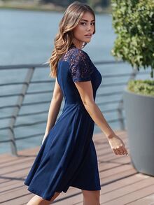 MIUSOL Lace Insert Raglan Sleeve Skater Dress - Navy Blue - View 3