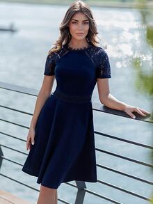 MIUSOL Lace Insert Raglan Sleeve Skater Dress - Navy Blue - View 6