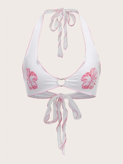 Floral Print Heart Ring Detail Backless Knot Halter Top