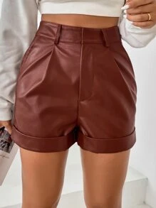 SHEIN Privé 高腰反摺褲腳PU皮革短褲 - 棕色 - 查看 1