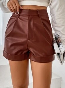 SHEIN Privé 高腰反摺褲腳PU皮革短褲 - 棕色 - 查看 4