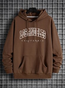 Men Letter Graphic Drawstring Thermal Lined Hoodie - Chocolate Brown - View 1