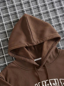 Men Letter Graphic Drawstring Thermal Lined Hoodie - Chocolate Brown - View 4